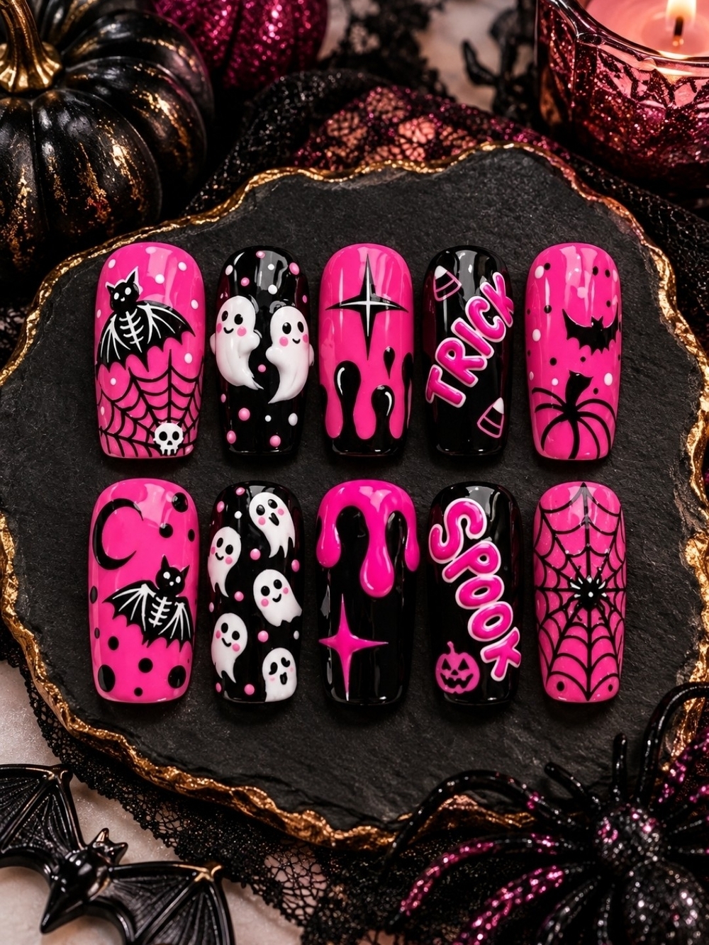 Halloween Pink & Black Ghosts & Bats Press-On Nail Set!!